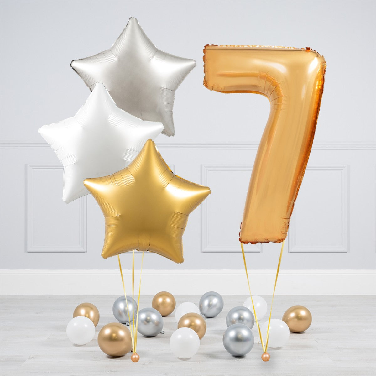 Helium Gold Single Number Set Balloon - Silver, White and Gold Stars with Mini Balloons