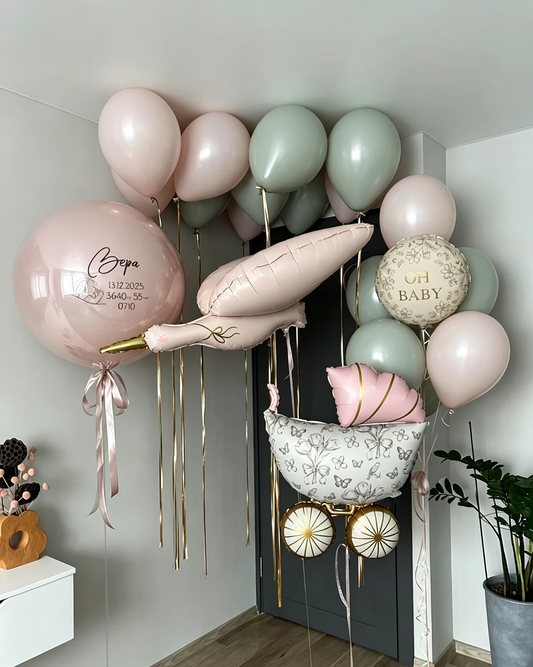 Baby Shower Stroller Green Pink and Gold Big Ribbon Bear Helium Foil Balloon Personalised Baby Pink  Hospital Welcome Home