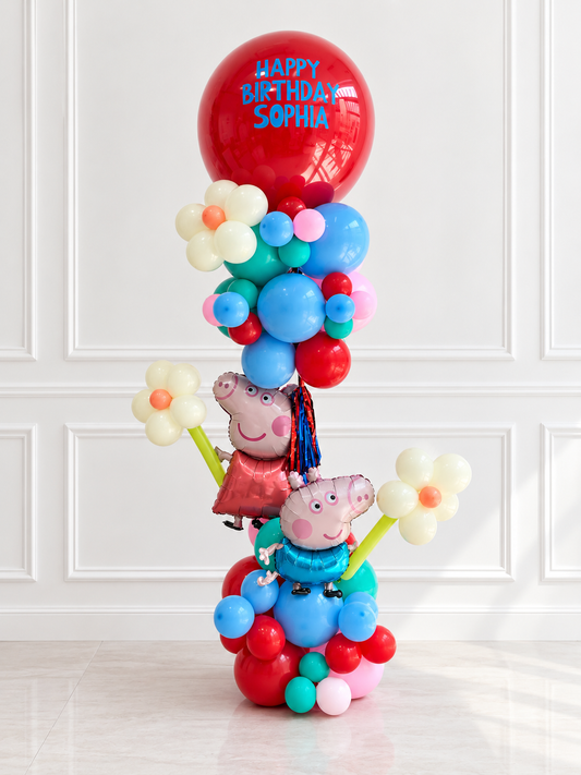 Personalised Peppa Pig Balloon with Flower and Tassels Accents Pillar/Column/Tower - Customizable for Any Cartoon-Themed Celebrations