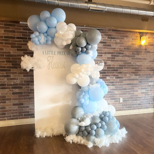 Customizable Board Backdrop with Balloons White, Clear, Blue and Gray with White Cotton - Perfect for any celebration!