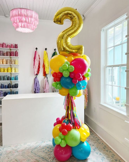 Balloon Yellow, Pink, Purple, Green, Blue, Orange and Red with Tassels, Gold Number Balloon '2' on Top Pillar/Column/Tower - Birthday, Corporate Event, Grand Opening, Company Event Perfect for special occasion