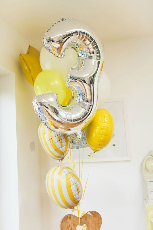 Helium Balloons Single Number Set Silver '3' and Latex Bunch Yellow and White with Candy, Star and Circle Foil - Customizable for Any Celebration