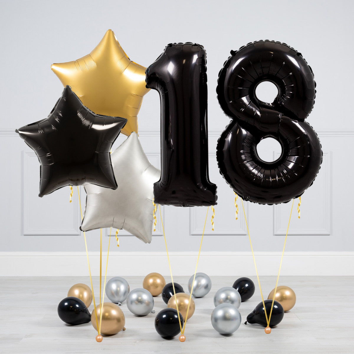 Helium Black Two Number Set Balloon - Gold, Black and White Stars with Mini Balloons