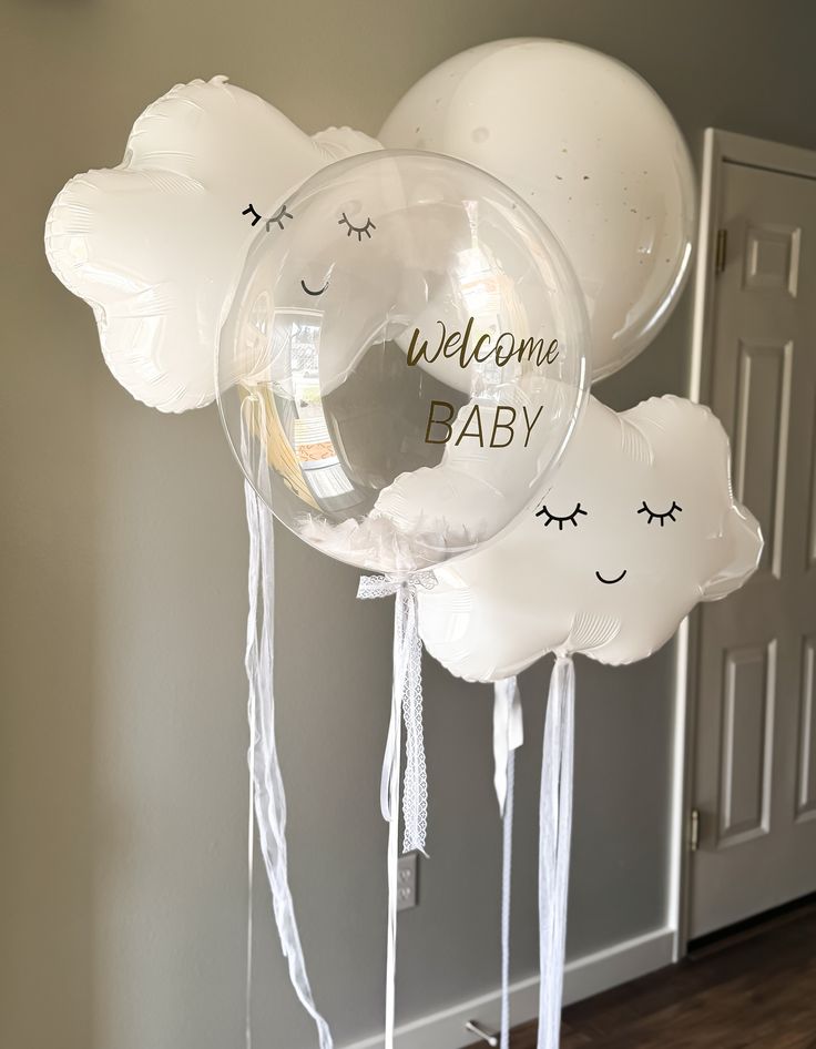 Hospital Welcome Baby Personalised Clear with Feather Customize Sticker, Clear with Latex, Clouds White Helium Set - Perfect for any Celebration!