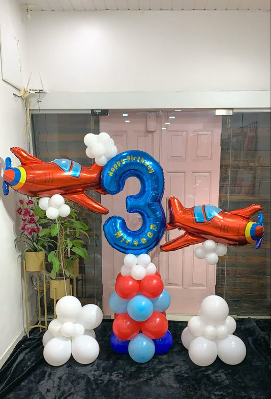 Customize Sticker in Number '3' Balloon on Stand White, Red and Blue with Red Plane Helium and Clouds accents Aircraft-Themed Decor – Soar Into Celebration!