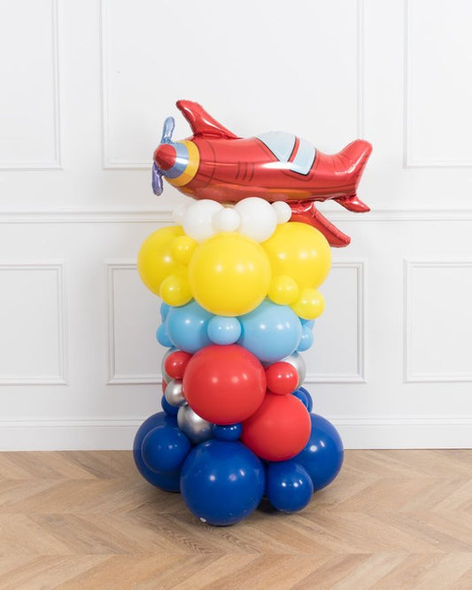 Plane Balloon on Stand White, Yellow, Blue, Red and Silver Aircraft-Themed Decor – Soar Into Celebration!
