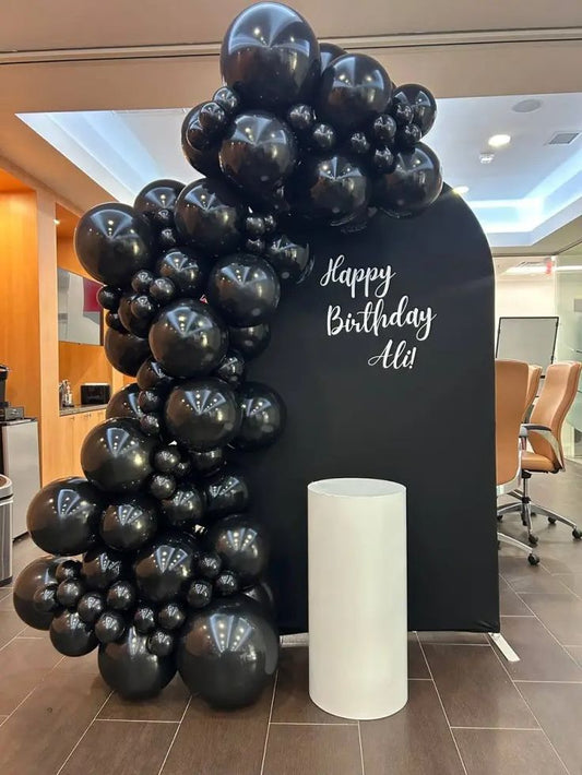 Customizable Board Backdrop with Black Balloon and White Cake Stand Cylinder - Perfect for any celebration!