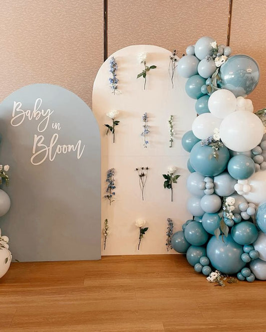 Customizable Board Backdrop with Customize Acrylic, Balloons White, Blue, Clear with Artificial Flowers - Perfect for any celebration!