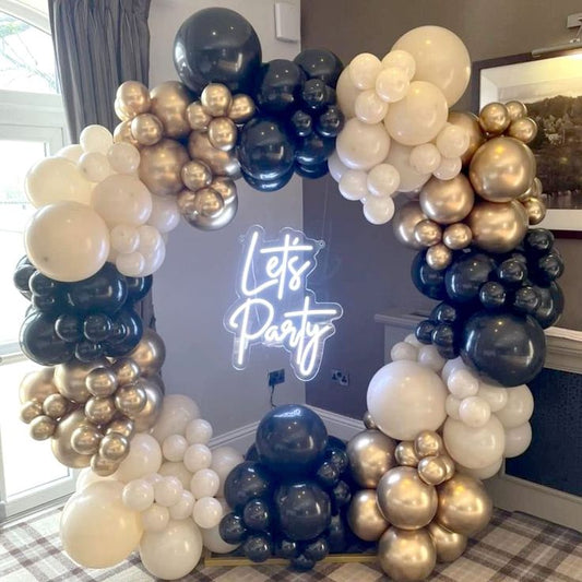 Round Organic Arrangement Garland Balloon Beige, Light Gold and Black with LED Acrylic "Let's Party" - Perfect for special occasion