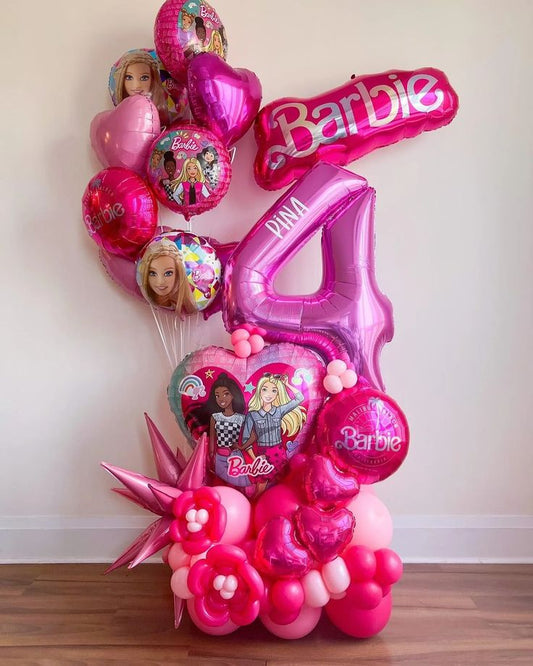 Platform Pink Number '4' with Customize Sticker,  Latex Pink, Barbie and Starburst accent, Helium Balloon Bunch Barbie and Heart-Shaped – Customizable Design