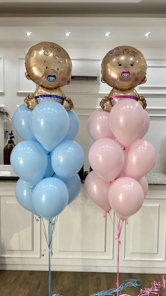 Gender Reveal Balloon Helium Latex Bunch Blue and Pink with Baby Foil, Blue and Pink Ribbons - Customizable Design