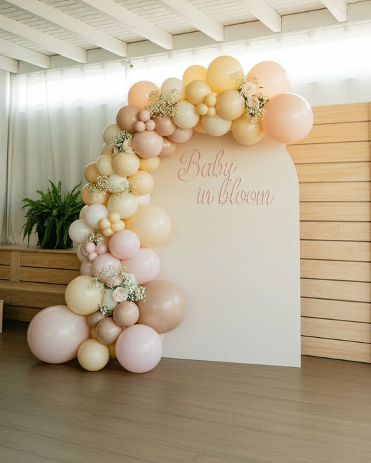 Customizable Board Backdrop with Customize Acrylic, Balloons Peach, Beige, Pink with Artificial Flowers - Perfect for any celebration!