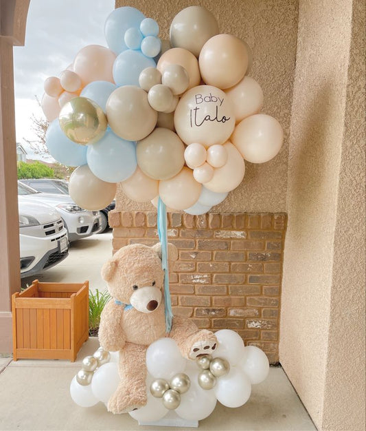 Hospital Welcoming Baby Balloon Beige, White and Light Gold Cloud-Themed Decor Setup with Teddy Bear and Customize Sticker - Perfect for special occasions