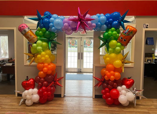 Back To School Balloons Green, Red, Beige, Yellow, Orange and Purple with Pencil, Apple and Star Foil accents Arch - Perfect for Back To School and School Events!