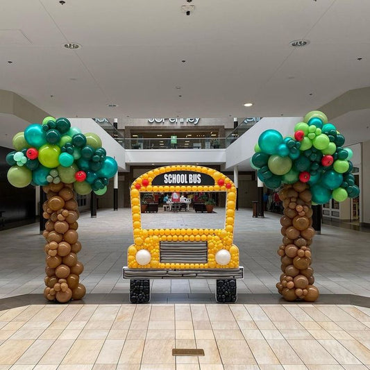 Back To School Customizable Designed Bus with Balloons and Tree Designed Balloons Green, Chrome Green, Red and Brown  - Perfect for Back To School and School Events!