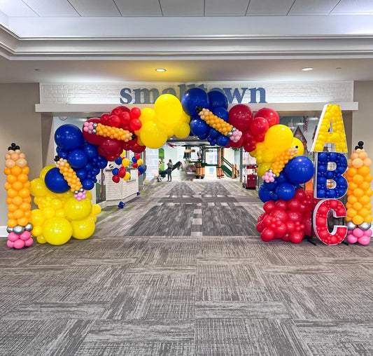 Back To School Balloons Black, Beige, Yellow, Silver, Red, Blue, Green and Pink Arch Pillar/Column/Tower Designed Pencil and Letter 'ABC' Marquee with mini Balloons - Perfect for Back To School and School Events! (Copy)