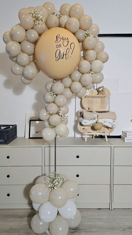 Pillar/Column/Tower Question Mark Designed Gender Reveal Beige and White Balloons with Customize Sticker and Artificial Flower - Customizable Design