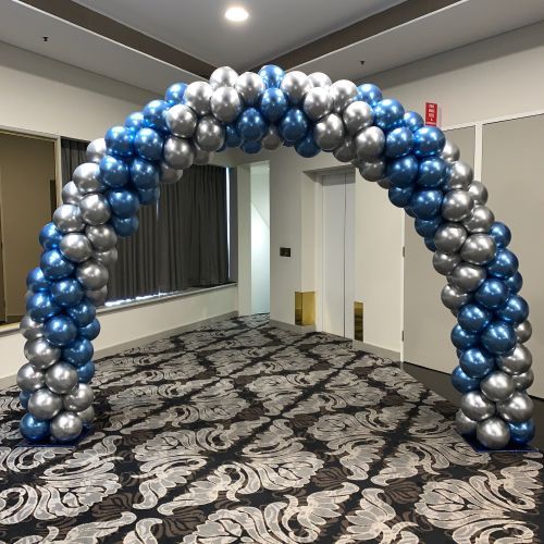 Balloon Arch Silver and Chrome Blue Spiral Arrangement - Corporate Event, Grand Opening, Company Event Perfect for special occasion!