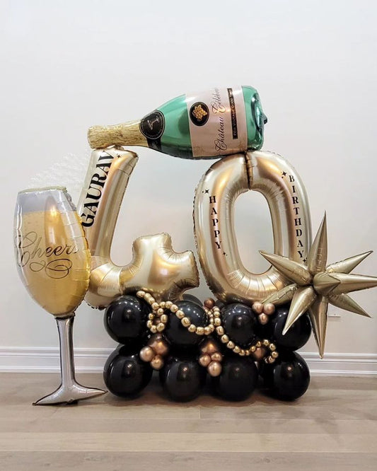Platform Light Gold Numbers '40' with Latex Light Gold and Black with Customize Sticker, Champagne Bottle, Starburst and Glass Foil accents – Customizable Design