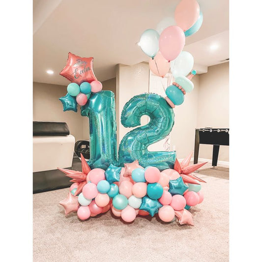 Teal Number Platform ‘12’ with Blue, Pink, Peach and Teal, Star with Customize Sticker and Starburst accents and Helium Latex Bunch Balloons – Customizable Design