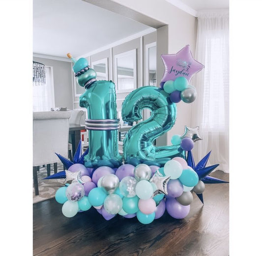 Teal Number Platform ‘12’ with Silver, Teal, Purple, White and Clear with Confetti, Star with Customize Sticker and Starburst accents Balloons – Customizable Design
