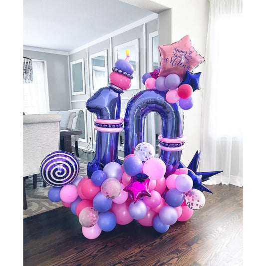 Platform Purple Numbers '10' with Latex Clear with Confetti, Pink and Purple with Candy, Starburst and Star Foil accents and Customize Sticker – Customizable Design