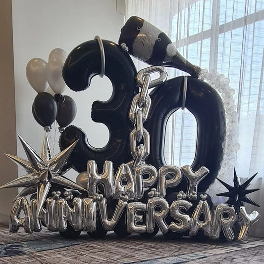 Platform Black Numbers '30' with Latex Black and Silver with Starburst, Letters 'HAPPY ANNIVERSARY', Chain and Champagne Bottle Foil and Helium Latex Bunch – Customizable Design