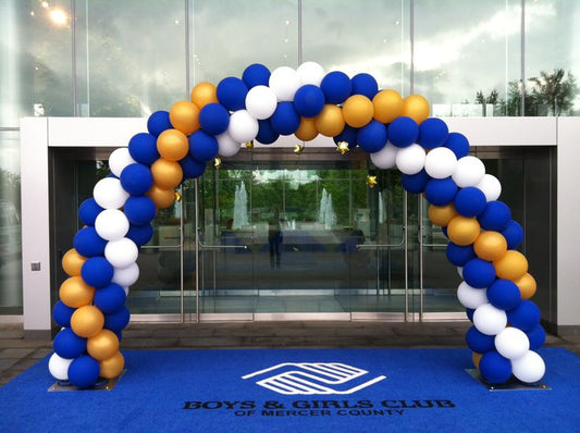 Balloon Arch White, Blue and Yellow Spiral Arrangement - Corporate Event, Grand Opening, Company Event Perfect for special occasion!