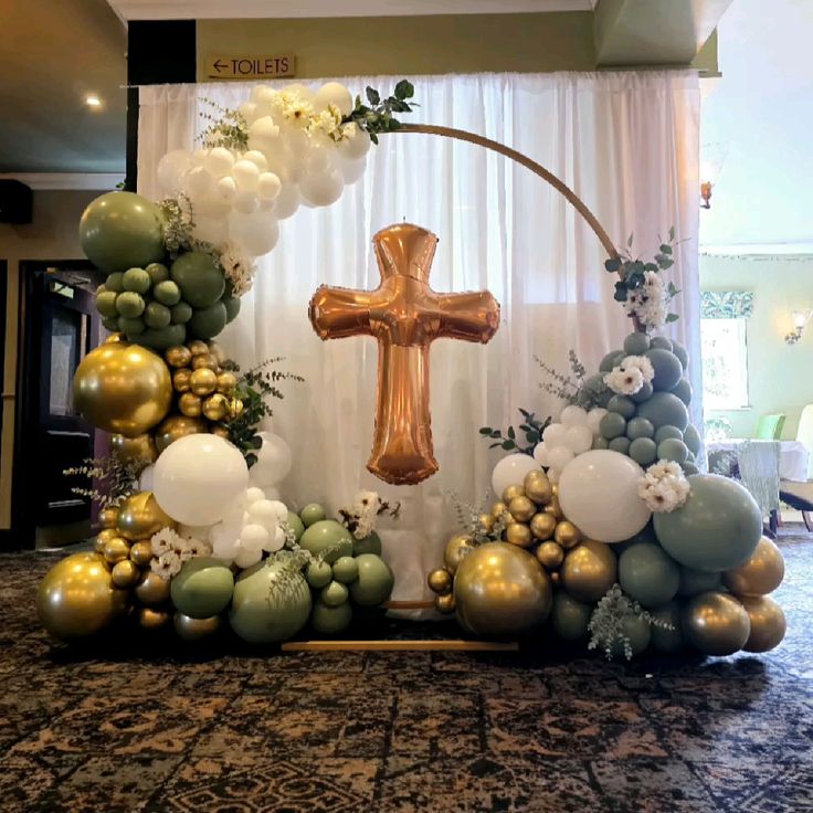 Customization Baptism Backdrop Set up Christening Perfect for special occasion Gold  Avocado Green and White