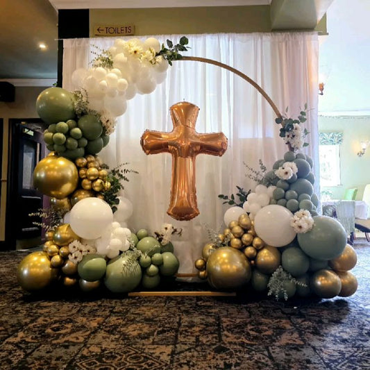 Customization Baptism Backdrop Set up Christening Perfect for special occasion Gold  Avocado Green and White