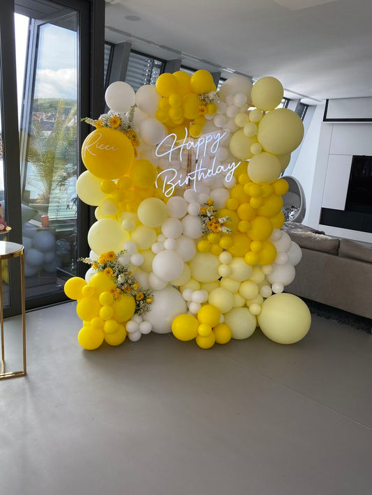 Balloon Wall Balloons Yellow and White with Artificial Flowers and LED Acrylic "Happy Birthday" - Perfect for any Celebration