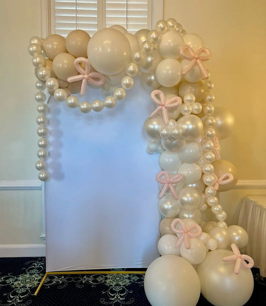 Customizable Board Backdrop with Balloon Pearl White, Beige, White and Pink Ribbon accents - Perfect for special occasion