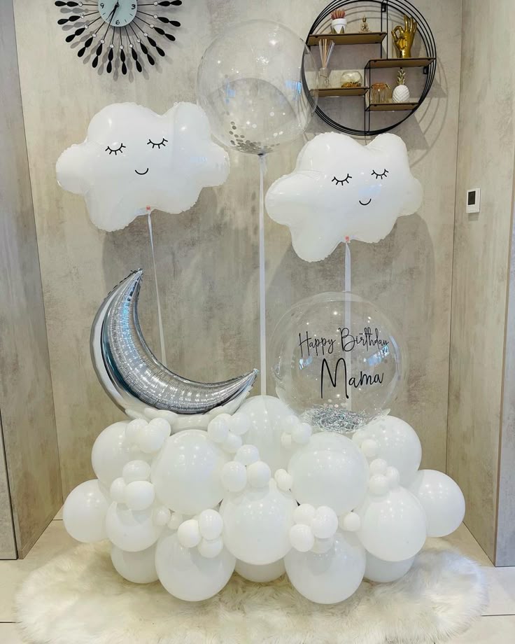 Platform White Balloons with Silver Moon and Clear with Confetti and Customize Sticker and Attached White Clouds and Clear with Confetti Helium Balloons  - Baby Shower, Perfect for special occasions!