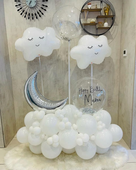 Platform White Balloons with Silver Moon and Clear with Confetti and Customize Sticker and Attached White Clouds and Clear with Confetti Helium Balloons  - Baby Shower, Perfect for special occasions!