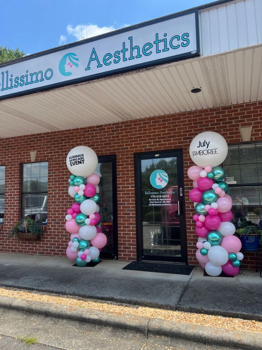 Personalised Company Logo Sticker Balloon Chrome Green, Pink and White Pillar/Column/Tower - Corporate Event, Grand Opening, Company Event Perfect for special occasion!
