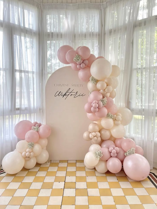 Customizable Board Backdrop with Balloons Beige, Pink and Artificial Flowers - Perfect for any celebration!