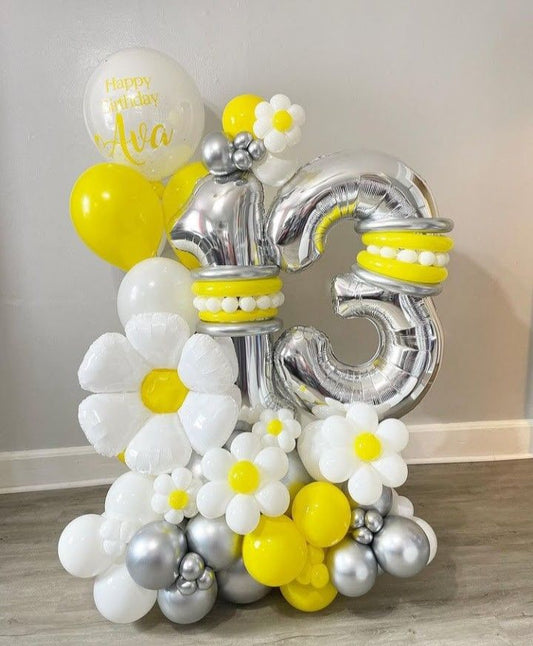 Platform Silver Numbers '13' with Flowers, Latex White, Silver and Yellow, Personilised Clear with White Latex and Customize Sticker - Fairy-Themed Garden-Themed Perfect for any Occasions