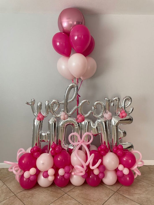 Platform Silver 'WELCOME HOME' with Latex Pink and Deep Pink with Helium Orbs and Latex Bunch – Customizable Design