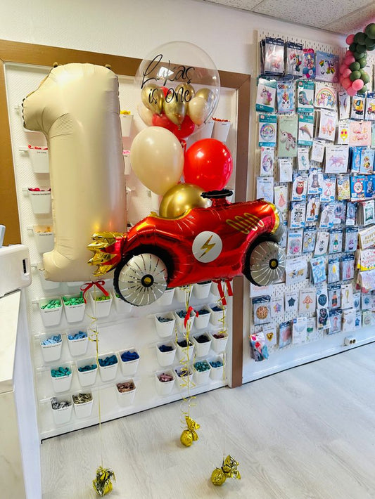 Helium Balloon Single Number Set of Beige Number ‘1’ Balloon with Racing Car, Personalised Clear with Sticker, Latex Red, Gold, Beige Helium Bunch - Racing Car-Themed Perfect for any Occasions