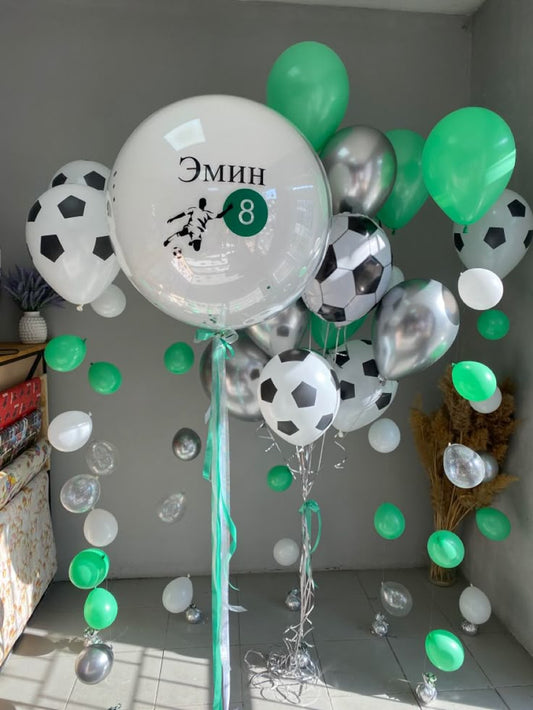 Personalised Sticker Balloon with Tassels and Soccer Ball, Green, Silver Latex Helium Bunch with Mini Balloons accents - Sports-Themed, Football-Themed Soccer-Themed Perfect for any Occasions!