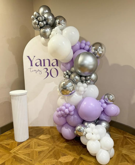 Customizable Board Backdrop with Balloons White, Silver, Purple and Artificial Flowers - Perfect for any celebration!