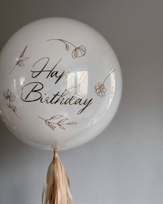 Happy Birthday Customization Bride Balloon Flower Beige Light Gold Personalised