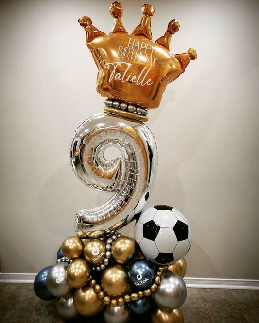 Personalised Sticker Gold Crown Platform Silver Number '9' Custom Balloon Decor with Chrome Blue, Gold, Silver Latex, Silver – Sports-Themed, Football-Themed, Soccer-Themed Perfect for Any Milestone Celebrations!
