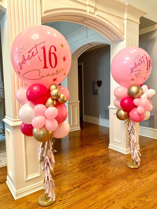 Personalised Pillar/Column/Tower Balloons White, Pink and Light Gold with Customize Sticker and Tassels - Birthday, Corporate Event, Grand Opening, Company Event Perfect for special occasion!