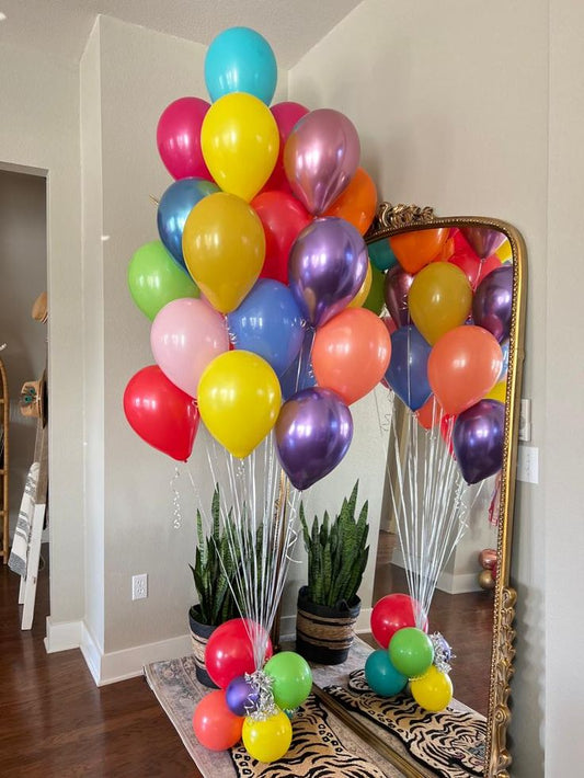 Latex Helium Bunch Chrome Blue, Chrome Purple, Chrome Pink, Pink, Peach, Blue, Yellow and Red Balloons with Silver Strings - Perfect for Special Occasions!