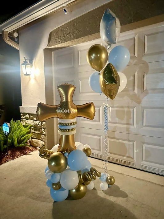 Platform Baptism Stand Helium Cross Stand Christening Perfect for special occasion Gold  Light Blue