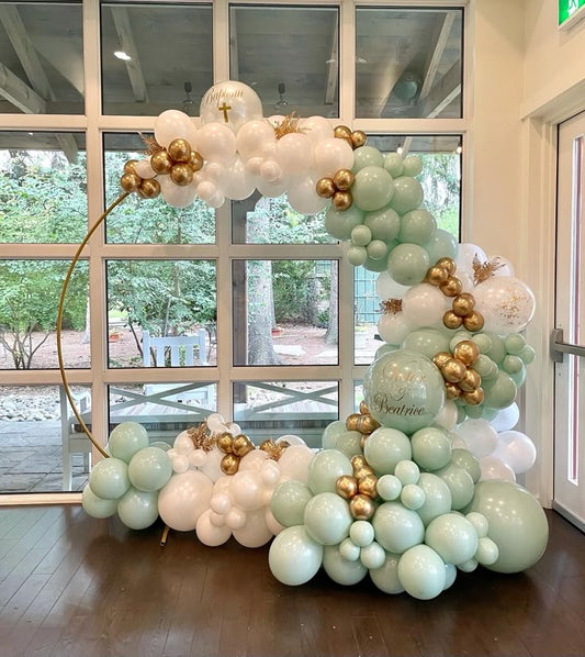 Round Stand with Organic Arrangement Garland Balloon White, Mint Green and Light Gold with Customize Sticker - Perfect for special occasion