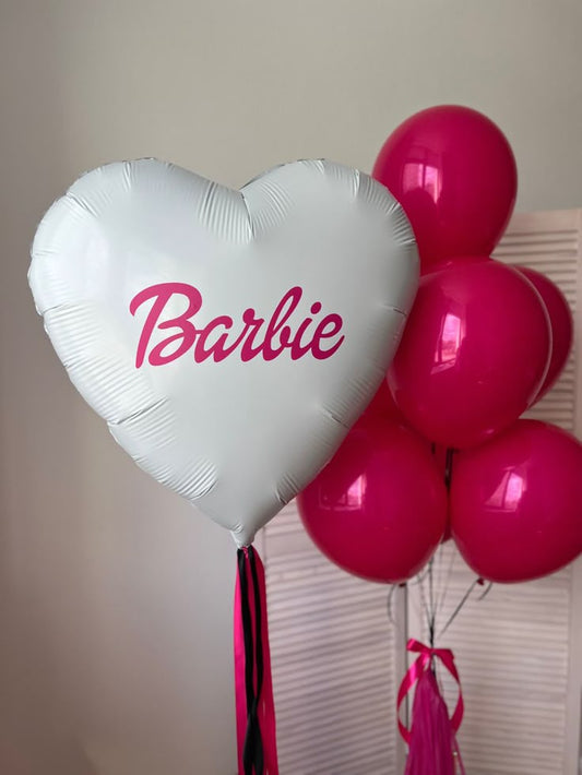 Helium Balloons White 35-inches Heart-Shaped with Sticker and Dark Pink Latex Bunch with Ribbons and Tassels  - Barbie-Themed Perfect for any Occasions