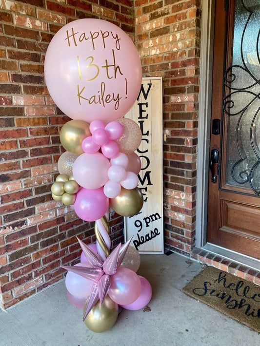 Personalised Pillar/Column/Tower Balloons White, Pink and Light Gold with Customize Sticker and Tassels with Starburst accents - Birthday, Corporate Event, Grand Opening, Company Event Perfect for special occasion!