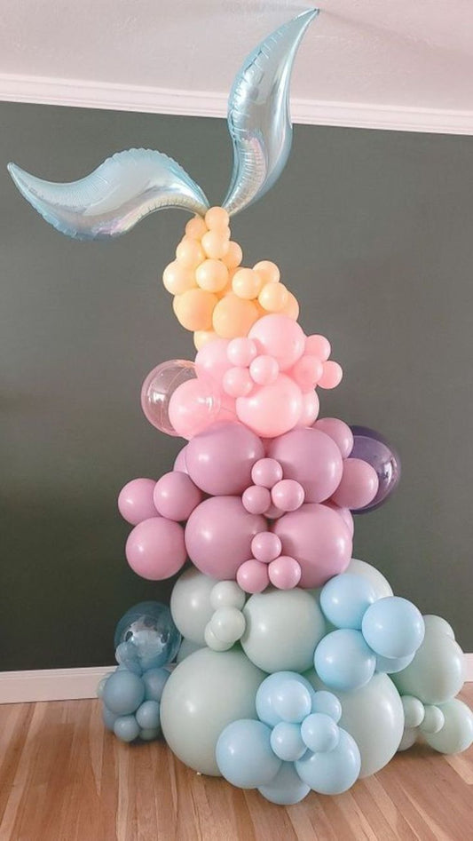 Balloon Teal Mermaid Tail Foil and Latex Blue, Pink, Yellow, Green, Clear and Purple Organic Chain Arrangement - Birthday, Perfect for special occasion!